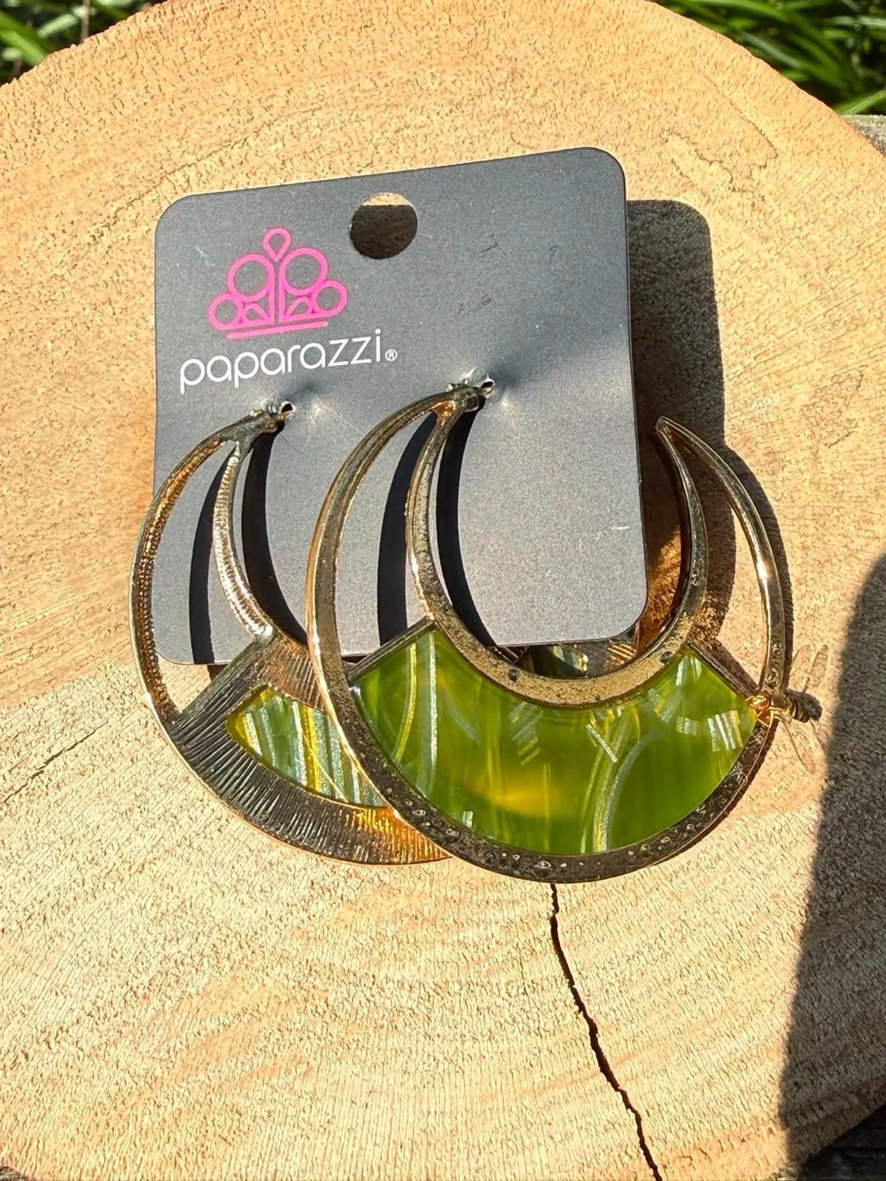 Paparazzi Gold Crescent Hoops with  Green Inlay